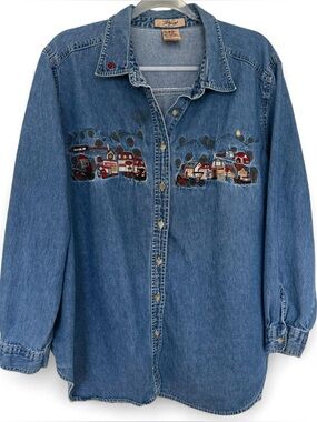 Vintage Just My Size cotton blue denim button up shirt with embroidered town